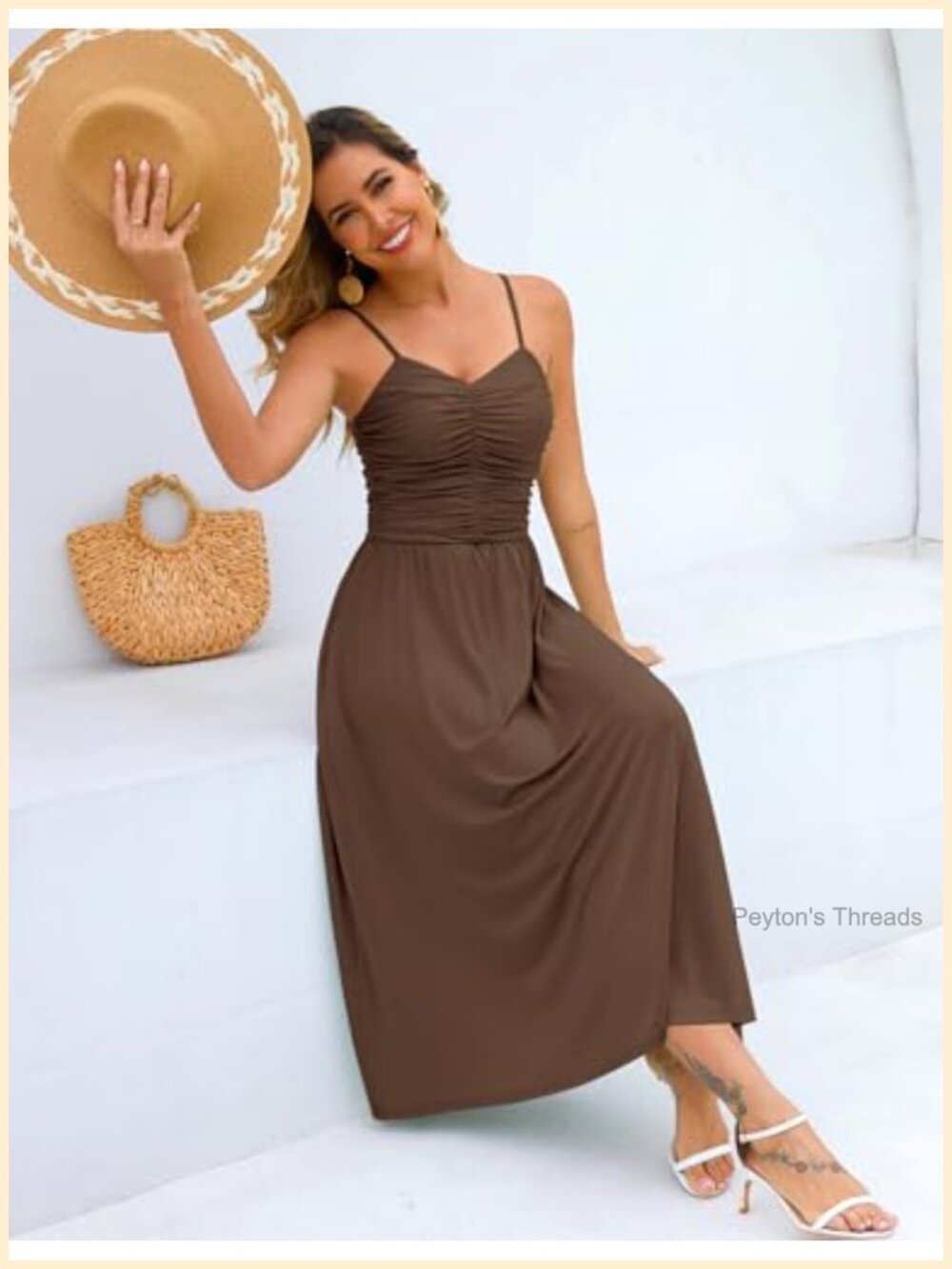 Adjustable Spaghetti Strap Ruched Maxi Dress Floral Beach Sundress with Pockets - Picture 3 of 6
